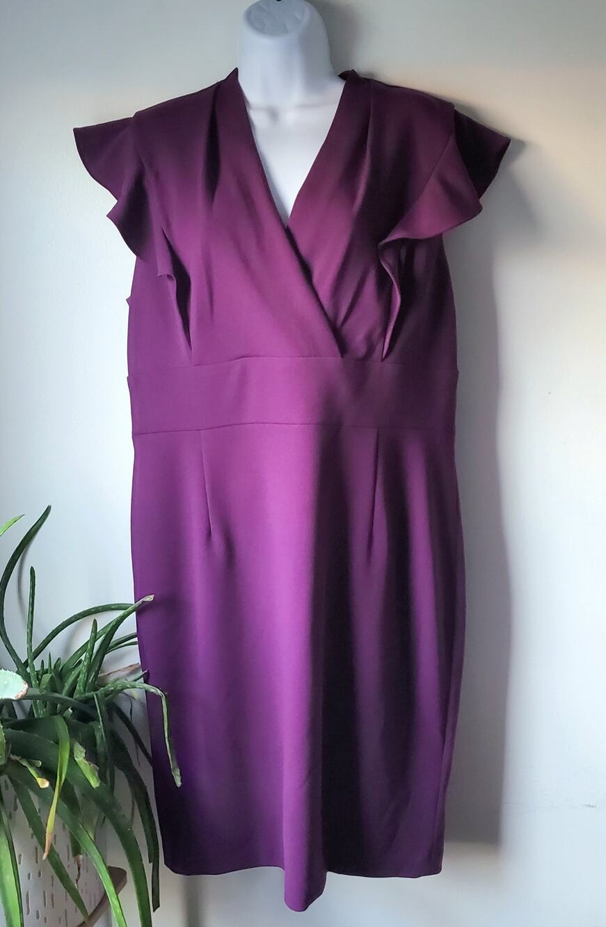 DKNY Womens NWT Purple Knee Length Flutter Sleeve Dress Size 14 Classy Formal